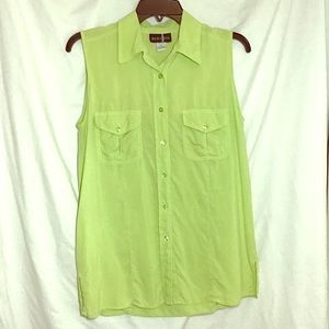 Silk Blouse Button Down Sleeveless Tunic Top Green